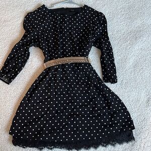 Forever 21 polka dot dress black white 3/4 sleeves lace hem detail M|L